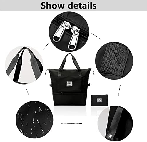 Sencangxun Lightweight Travel Duffel Bag,Sports Gym Bag,Expandable Weekend Carry On Bag,Shoulder Overnight Folding Bag,Large Capacity Hospital BagAirplane Bag Under Seat(Black)