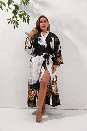 Feslieacc Women's Long Satin Robes Plus Size Silky Robes Japanese Kimono Robes Black Satin Robes Long Silk Robes Wrap Robes, Black, 2Xl/3Xl #TOP3