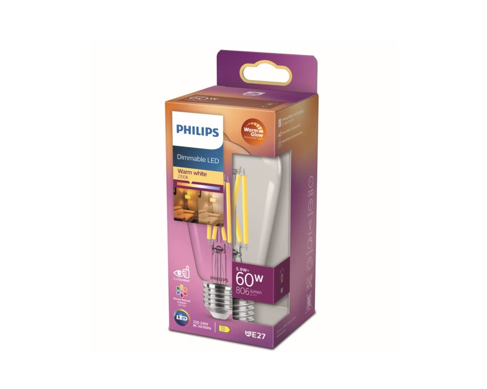 Philips LED Classic E27 WarmGlow Lampe, 60 W, Tropfenform, dimmbar, klar, warmweiß