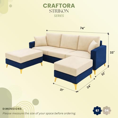 Image of Strike Dual Tone Plush 5 Seater L Shape Sofa Set with 2 Movable Ottomans| Flexible Layout | Silken Velvet Suede| Golden Metal Legs |for Living Rooms & Office Spaces (Dark Blue & Cream)