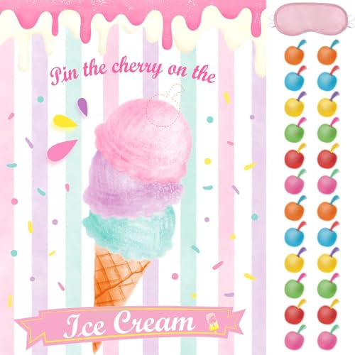 Image of WERNNSAI Pin The Cherry on The Ice Cream Game -Birthday Party Games Ice Cream Party Decorations 28'' x 21'' Poster with 24 PCS Cherry Stickers for Kids Girls Birthday Carnival Supplies | Ice Cream Party Decorations,Summer Birthday Party Games,28 inch x 21 inch Poster with 24 Stickers and Blindfold