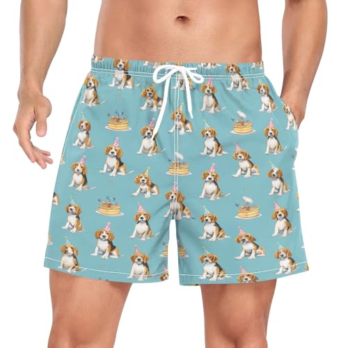 Birthday Cake Beagle Men's Swim Trunks with Liner Quick Dry Beach Shorts Swimwear Bathing Suit S-XXL