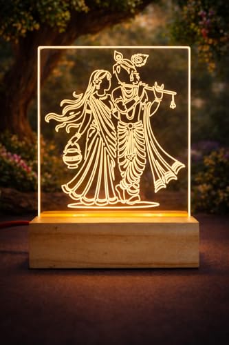 Image of Radha Krishna LED Night Lamp with Wooden Base, Acrylic Illuminated Home Decor, Premium Gift Item with Power Adapter