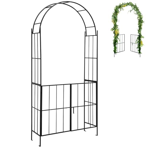 GiantexUK Metal Garden Arch with Gate, Heavy Duty Trellis Pergola Arbour with 4 Ground Stakes, Roses Climbing Plants Support Archway for Outdoor Wedding Ceremony Decoration, 110 x 35 x 230cm