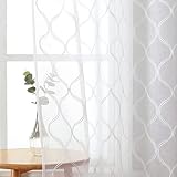 Bujasso White Sheer Curtains 84 inch Geometric Embroidered Light Filtering Window Panels for Living