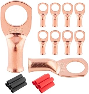RED WOLF 10 Pack 8 Gauge x 3/8" Copper Wire Ring Terminals Connector Lug Battery Cable Ends Stud W/3:1 Heat Shrink Tubing Tube Black & Red Each 5 PCS for Electrical Vehicle Boat Marine