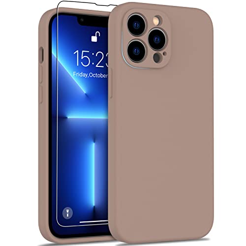 FUNMIKO Designed for iPhone 13 Pro Max Case with Screen Protector,Complete Protection with Enhanced Camera Lens Cover,Soft Silicone Protective Phone Case for iPhone 13 Pro Max 6.7",Light Brown