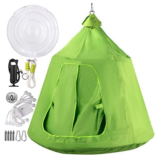 VEVOR Hanging Tree Tent, Max.440lbs Capacity, Tree Tent Swing Hangout Hugglepod with LED Rainbow Decoration Light Inflatable Cushion, Ceiling Hammock Tent for Kids & Adult Indoor Outdoor, Green