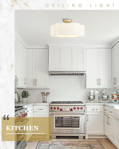 Image of Gold Semi Flush Mount Ceiling Lights, 6-Light 18Inch Ceiling Light Fixtures with Fabric Shade in Flower Shape, Farmhouse Brass Drum Lighting for Nursery Bedroom Kitchen, AD-22007-6SF-GD