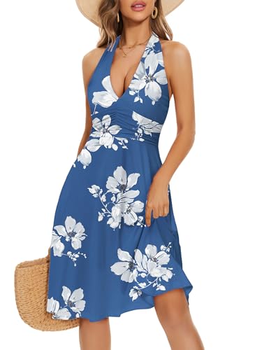 HUHOT Maternity Dress Summer Dresses for Women 2026 Elegant Classy Halter Midi A Line Country Spring Semi Formal Blue White Floral Tea Party Flower Sundress Beach Resort Wear Vacation