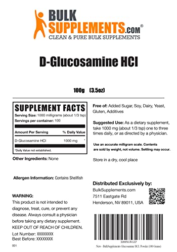 Bulksupplements.com Glucosamine Hcl Powder - Dietary Supplement For Joint Health, Glucosamine Supplement - Gluten Free - 1000Mg Per Serving, 100 Servings (100 Grams - 3.5 Oz) #TOP1