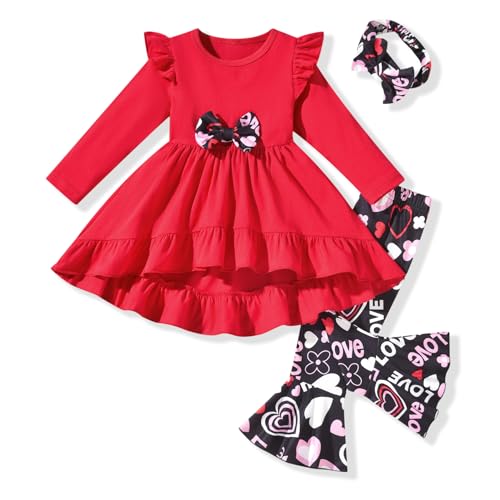 HINTINA Set di vestiti a maniche lunghe con volant a tunica floreale per bambina e bambina, per autunno e inverno, San Valentino rosso, 5-6 anni