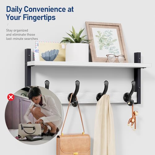 Image of Tatub 20 inch Rustic Coat Rack Wall Mount with Shelf, Wall Hooks with Shelf, Heavy Duty Entryway Organizer Hangers for Hanging, Hat, Bag, Jacket for Bathroom, Living Room, Bedroom, White