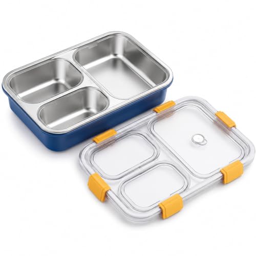 Image of MARKWELL 3 Compartment Stainless Steel Lunch Box | Leak-Proof Airtight Tiffin Box for School, Office, Kids & Adults | 750 ml | Blue