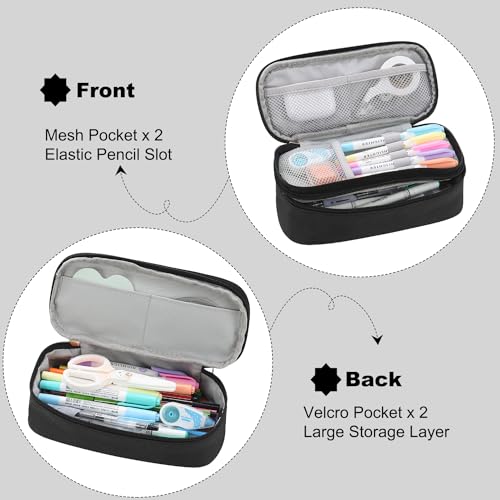 Image of Large Pencil Bag for Boys Teens Kids School Zipper Pencil Pouch Black | Organizer Aesthetic Pencil Case Big Stationery Pencil Box for School Office, Wear-resistant Fabric, Large Capacity Design