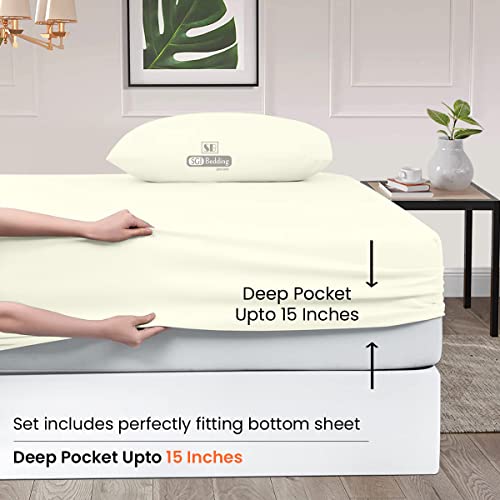 Sgi 100% Egyptian Cotton 600 Tc Sheet Set Soft & Smooth Sateen Weave 4 Pc Sheet Set - 1 Fitted Sheet, 1 Flat Sheet & 2 Pillowcase 15" Inch Deep Pocket (Short Queen, Ivory Solid) #TOP3