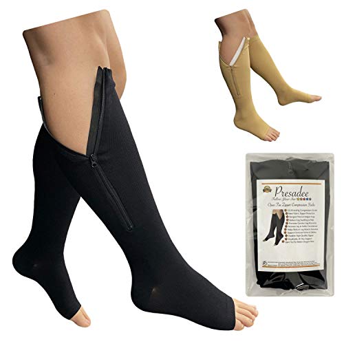 Image of Presadee Petite Open Toe 15-20 mmHg Moderate Zipper Compression Leg Calf Socks (Black, 2X-Large)