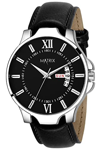 Matrix Antique Day & Date Leather Strap Analog Silicone Watch For Men & Boys - Black