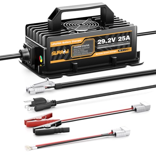 Suraziki 29.2V 25A Waterproof LiFePO4 Battery Charger for 24 V, Anderson 50A to M8 & Crocodile Clip Quick Connector, Support 0V Reactivate or Repair to Long-unused Battery