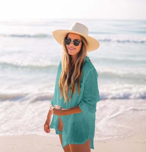 Image of Zoye Chen Women's Bikini Swimsuit Cover Up Button Down V Neck Shirts Long Sleeve Blouse Beachwear Bathing Suit