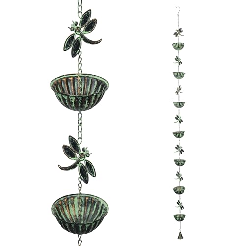 Alpine Corporation QES142HH Metal Hanging Dragonfly Chain Rain Catcher, Stylish Décor for Garden, Patio, & Lawn, 74' H