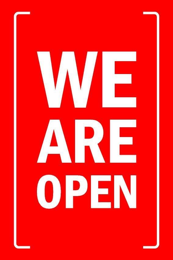 We are open, red sign - Self adhesive sticker (600mm x 400mm)