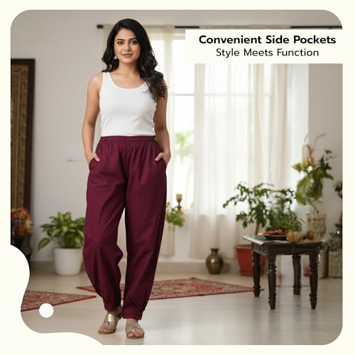 Image of Happy Bunny Women's Cotton Afghani Salwar with Lace Embroidery Detailing - Elastic Waist, Comfortable Loose Fit Bottoms for Casual, Ethnic