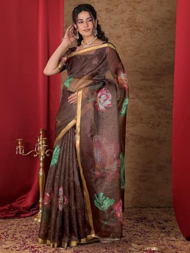 Image of Satrani Women's Kota Chex Printed Saree with Unstitched Blouse Piece