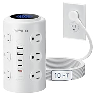 Tower Power Strip with 1 Dedicated PD 20W Fast-Charging Port, 12 Outlets, 5 USB Ports (3 USB-C), Desk Charging Station for Multiple Devices,10FT Extension Cord, Home Office Essentials