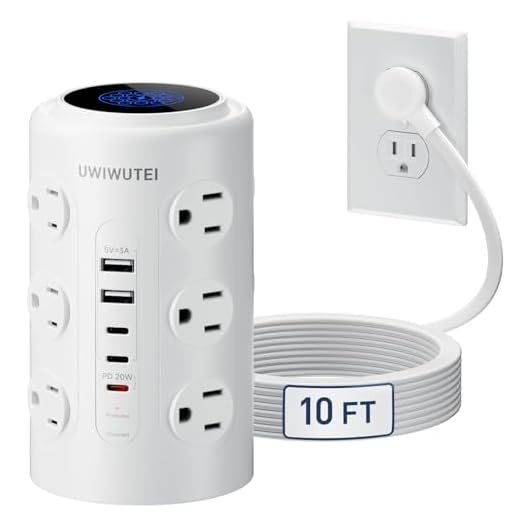 10FT Tower Power Strip with Dedicated 20W PD USB-C Port