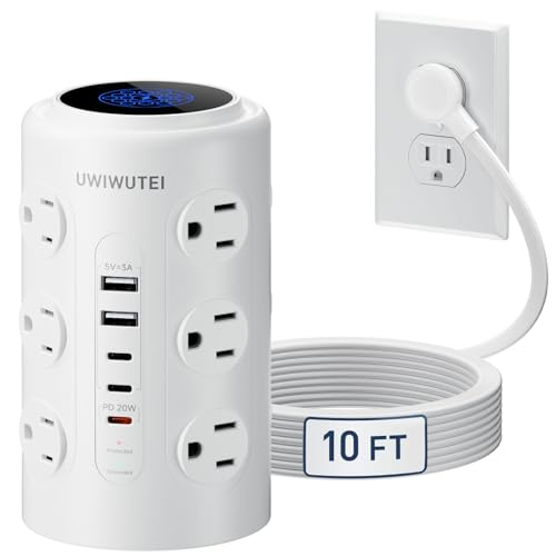 Tower Power Strip with 1 Dedicated PD 20W Fast-Charging Port 12 Outlets 5 USB Ports (3 USB-C) 1800J Protector Desk Charging Station for Multiple Devices 10FT Extension Cord Home Office Essentials