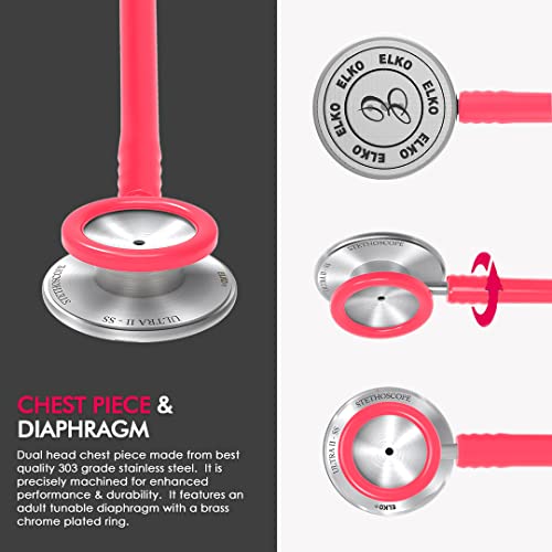 Image of ELKO EL-140 ULTRA II SS Stainless Steel Acoustic Stethoscope | For Doctors, Medical Students & Healthcare Professionals | Dual Head Chestpiece | 5.5mm Brass Pipe Frame | U-Shaped PVC Tubing (Pink)