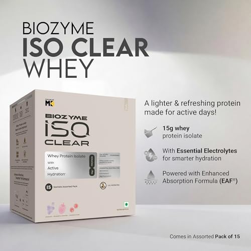 Image of MuscleBlaze Biozyme Clear Whey Isolate, Assorted Flavours, 15 Sachets | 15g Protein Per Sachet in Strawberry Lemonade, Grapevine & Cranberry Crush Flavours