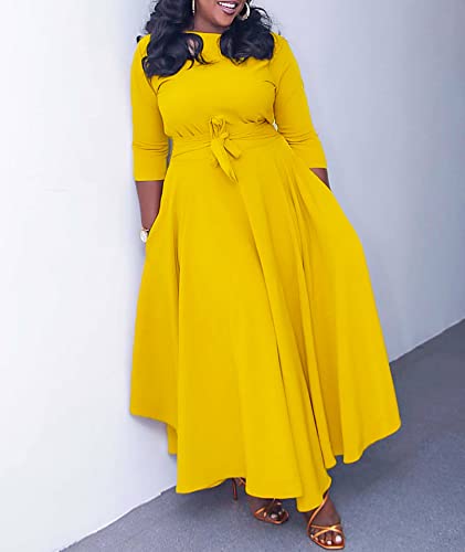 Image of SEMATOMALA Women's A Line Self Tie Waist Maxi Dress Round Neck Long Sleeve High Waist Plus Size Swing Flare Long Dresses