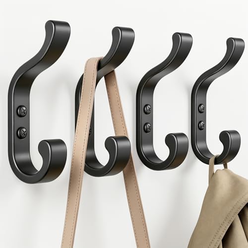 Image of Josmimic 4 Pack Large Coat Hooks Wall Mounted, Heavy Duty Black Metal Double Hooks, Individual Screw-in Wall Hooks for Coats, Hats, Towels and Bags, Strong Coat Hooks up to 13.5 kg