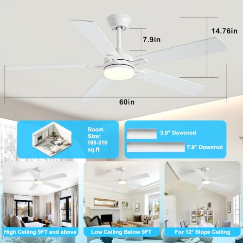 Image of Depuley 60-inch Ceiling Fan with Light: White Ceiling Fan for Living Room Indoor - Modern Ceiling Fan with Remote Control 3CCT Dimmable Noiseless 5 Reversible Wood Blades 6 Speeds Timer