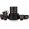 Stone Lain Porcelain 16-Piece Dinnerware Set Black with Gold Splash, Service for 4 Elegant Dinner Plates, Salad Plates, Bowls & Mugs Modern Round Tableware, Dishwasher Safe