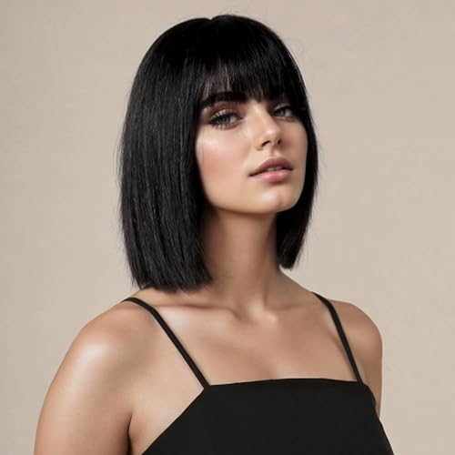 PORSMEER Short Straight Bob Black Wigs with Fringe Shoulder Length Hair Colorful Wig for Women Girls Heat Resistant Synthetic Wig for Cosplay Halloween Party Wig 14 Inch 35cm