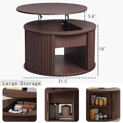 Image of LINSY Lift Top Coffee Table, Round Fluted Coffee Table with Storage, Mid Century Modern Wooden Coffee Tables with Sliding Tambour Door, 31.5 inch Center Table for Living Room, Office, Small Space, Walnut