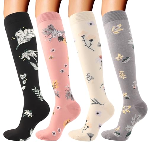 DRESHOW 4 Pares Calcetines de Compresión para Mujeres y Hombres Circulatorio Mejor Soporte para Atletismo, Running, Ciclismo, Viajar