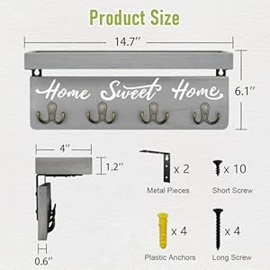 buways Wall Mounted Key and Mail Holder Wooden Key Rack with 4 Double Key Hooks Rustic Home Decor for EntrywayGray