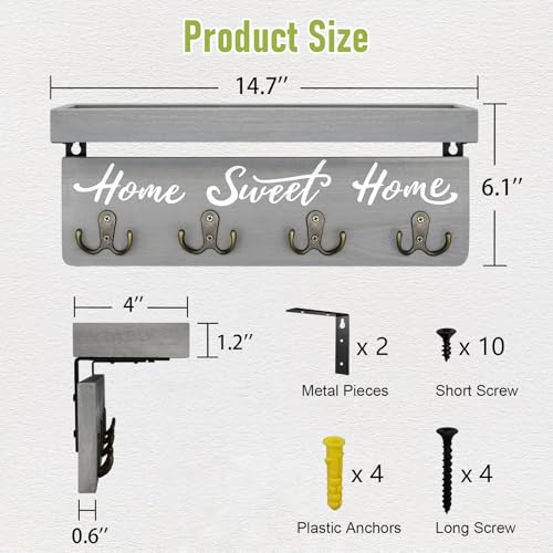 buways Wall Mounted Key and Mail Holder Wooden Key Rack with 4 Double Key Hooks Rustic Home Decor for EntrywayGray