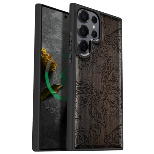 Coque bois Galaxy S25 Ultra Carveit étui magnétique en bois sombre gravé papillons