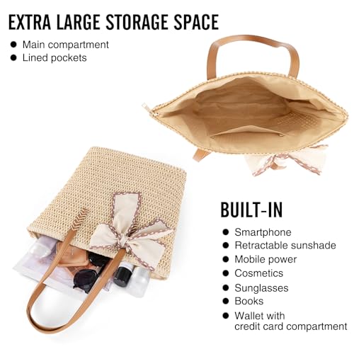Image of Large Straw Beach Bag: Women's Handwoven Tote with Zipper Pocket - Lightweight Summer Purse for Travel & Work