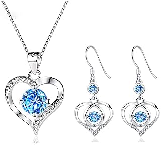 Deyanse Silver Jewellery Sets for Women, 925 Sterling Silver Heart Pendant Necklace and Earring Set with White / Blue / Purple Cubic Zirconia, Jewellery Set Wedding Engagement Birthday Gifts
