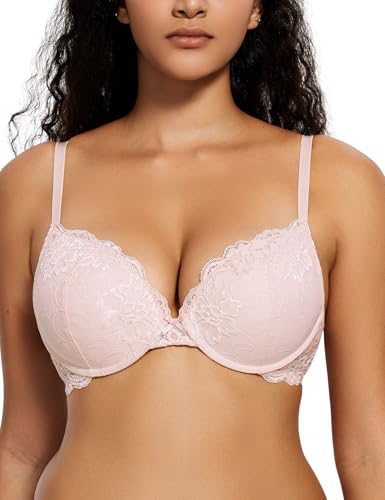 Deyllo Women's Push Up Lace Bra Comfort Padded Underwire Bra Lift Up Add One Cup(Sand Shell,42C)