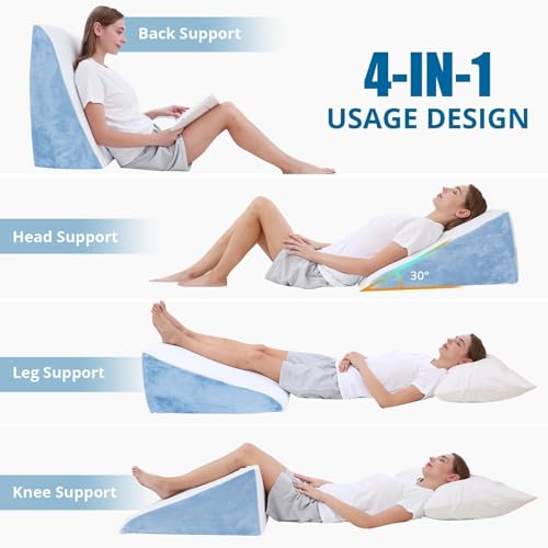 Image of Sasttie Wedge Pillow, 12 Inch Memory Foam Bed Wedge Pillow for Sleeping, Acid Reflux, Back Pain, Post Surgery, and Snoring, Designed with Washable Cover, Sky Gray