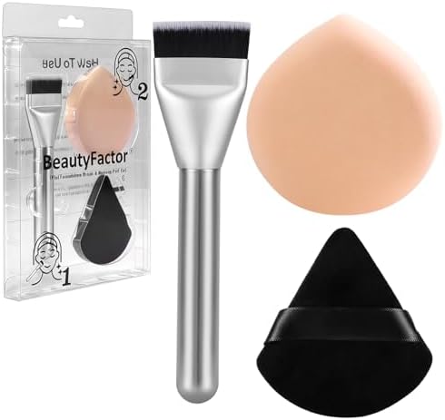 Flat Foundation Brush and Powder Puff Set, Korean Makeup Brush Teardrop Sponge for Liquid Foundation,Premium Face Makeup Brush Sponge for Blending Cream Setting Powder
