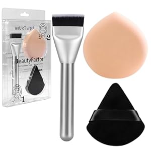 Flat Foundation Brush and Powder Puff Set, Korean Makeup Brush Teardrop Sponge for Liquid Foundation,Premium Face Makeup Brush Sponge for Blending Cream Setting Powder