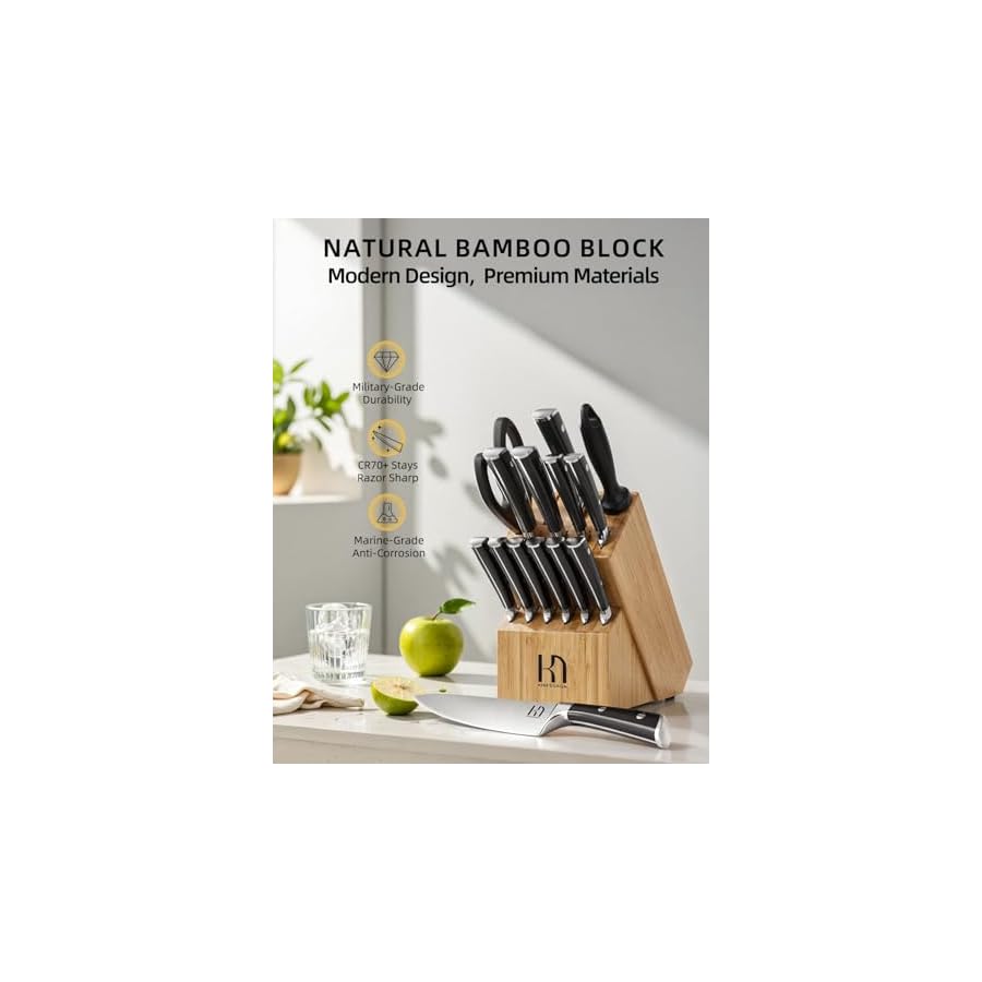 KnifeSaga Knife Set 15 Pcs Kitchen Knife Block Set, Enduring Razor-Sharp High Carbon Stainless Steel Knife Set with Block and Sharpener, Premium Knives Set for Kitchen, Natural Bamboo Valentine's Gift